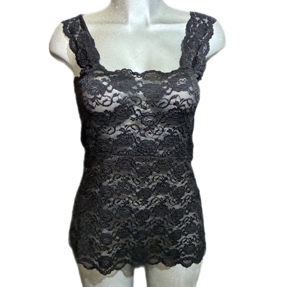 Ally Rose Toppers Lace Camisole Cami Black Floral Sheer Romantic Feminine Large
